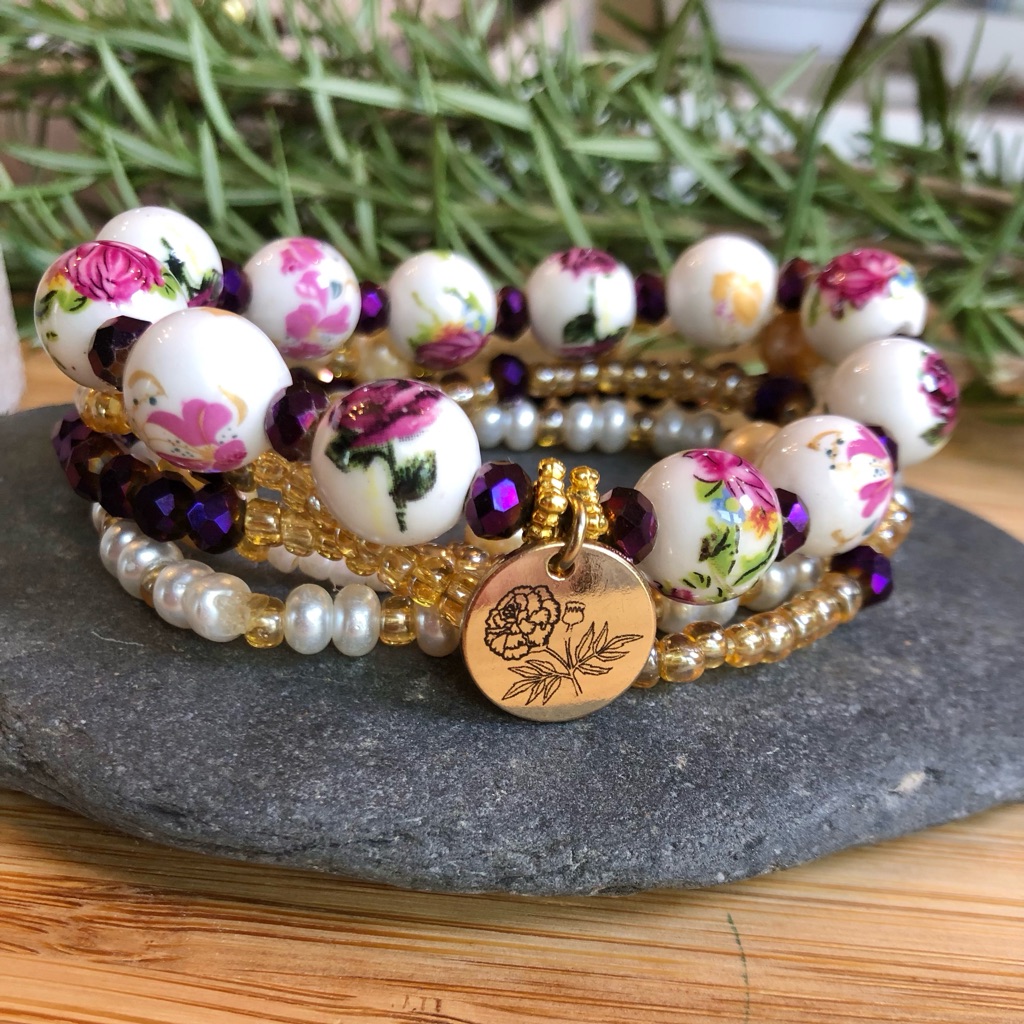 Floral Ceramic Bead & Glass Bead Stretch Bracelet Set. Stacking 8”